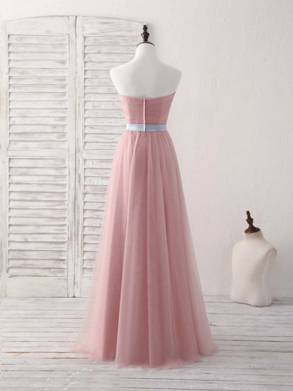 Sweetheart Neck Tulle Long Prom Dress, Aline Pink Bridesmaid Dress