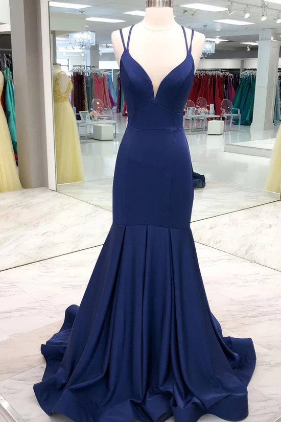 Dark Blue Satin Long Prom Dress Blue Evening Dress