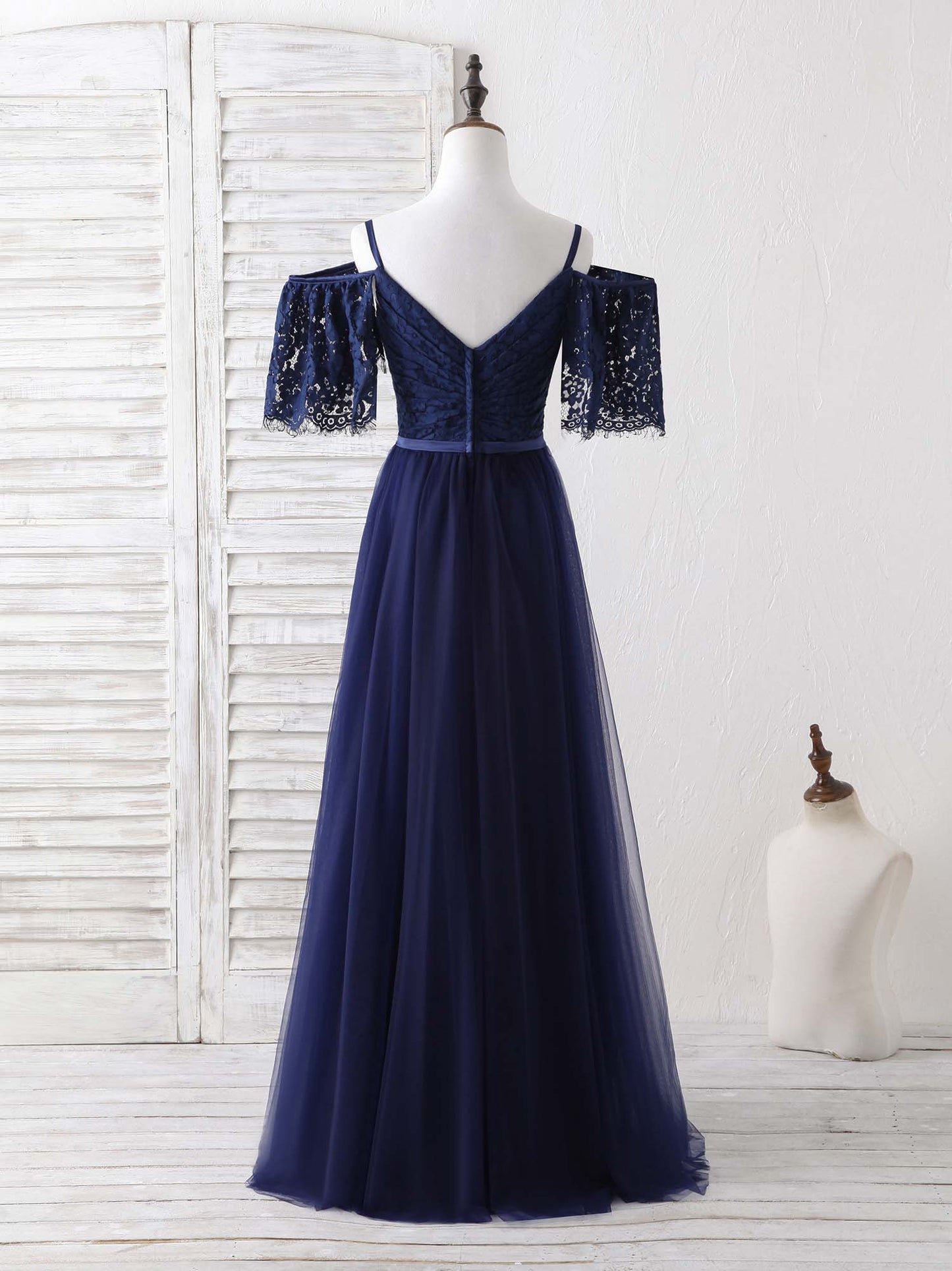 Dark Blue A-Line Lace Tulle Long Bridesmaid Dresses
