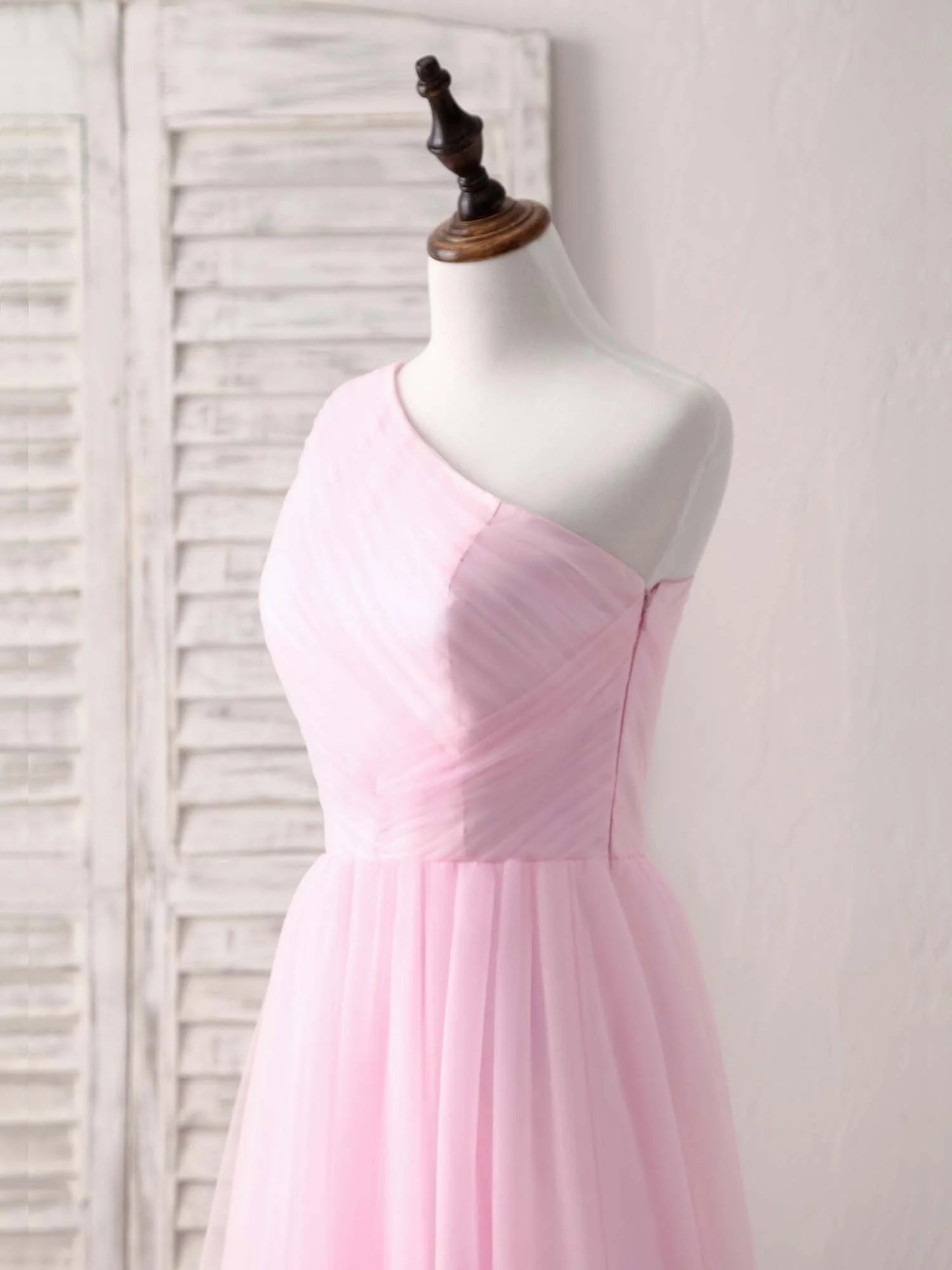 Tulle One Shoulder Long Prom Dress Pink Bridesmaid Dress