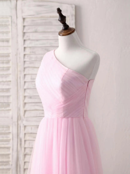 Tulle One Shoulder Long Prom Dress Pink Bridesmaid Dress