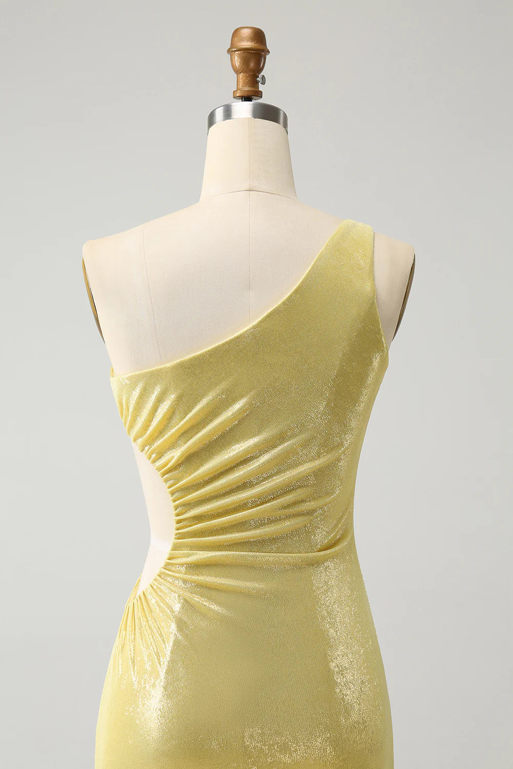 Yellow Bodycon One Shoulder Hollow Out Pleated Metallic Homecoming Dress