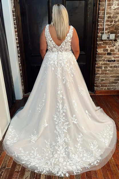 Floral Lace V-Neck A-Line Wedding Dress with Pockets
