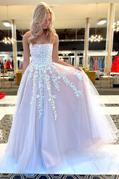 Appliques Strapless A-Line Long Prom Dress