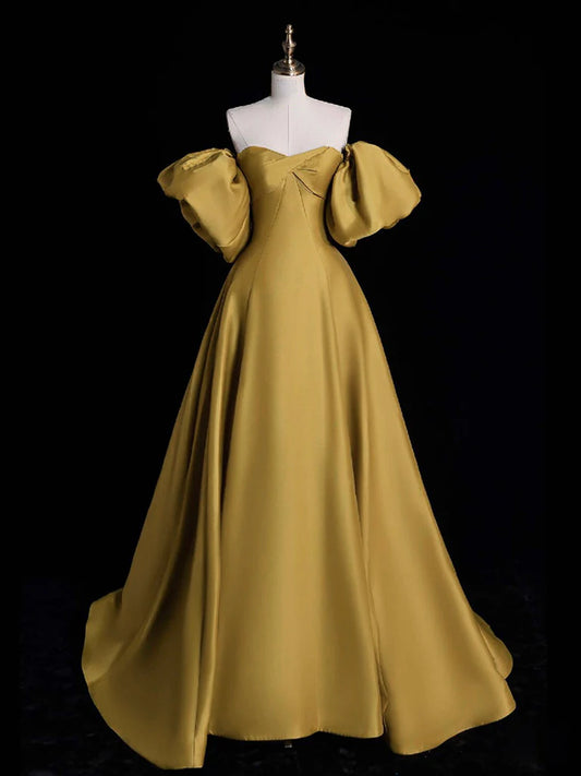 Yellow A-line Satin Long Evening Dress Yellow Long Evening Dress