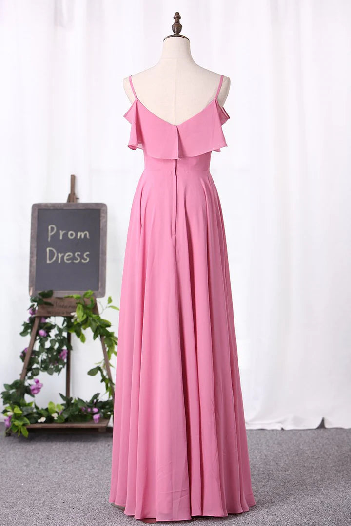 Spaghetti Straps Ruffled Long Bridesmaid Dress
