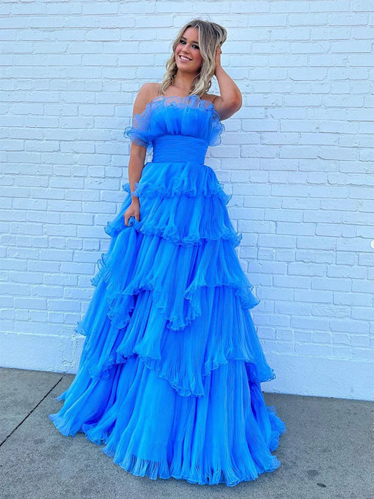 Blue A-Line Tulle Long Prom Dress Blue Formal Dress