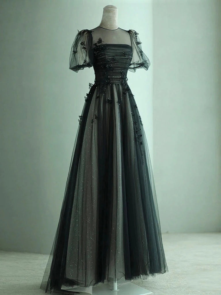 Black A-Line Tulle Butterfly Long Evening Dress Black Long Evening Dress