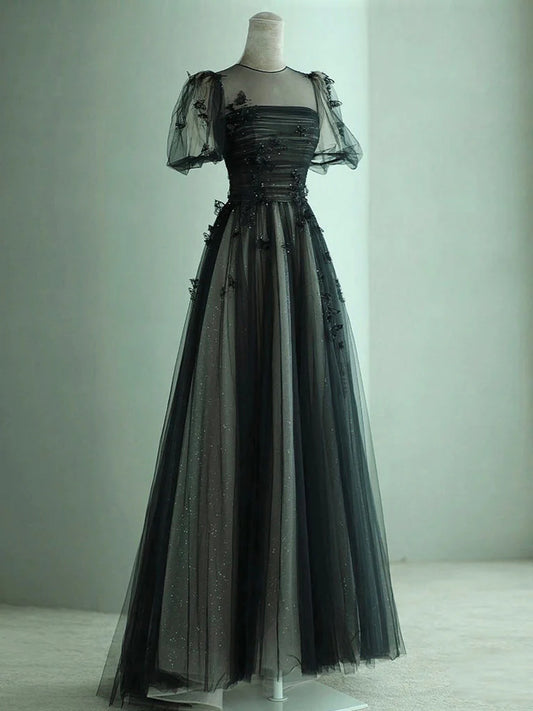 Black A-Line Tulle Butterfly Long Evening Dress Black Long Evening Dress