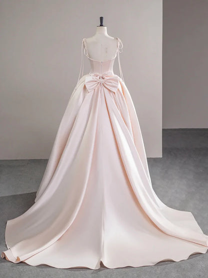 A-Line Satin Champagne Pink Long Prom Dress Champagne Pink Formal Dress