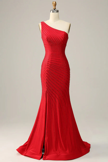 Sexy slim fit one shoulder red beaded long ball dress