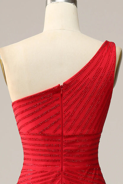 Sexy slim fit one shoulder red beaded long ball dress