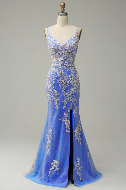 Elegant V-neck light blue ball dress with embellished beads
