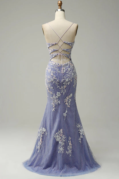 Elegant V-neck light blue ball dress with embellished beads