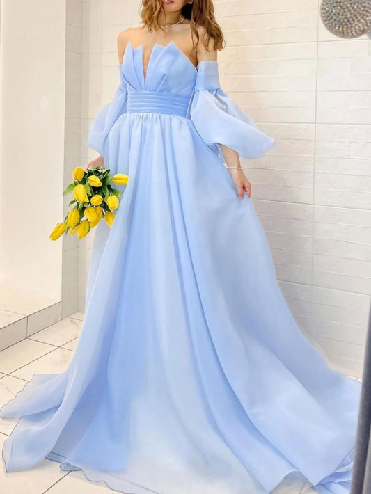 Aline Organza blue long prom dress puff sleeves blue long formal prom dress