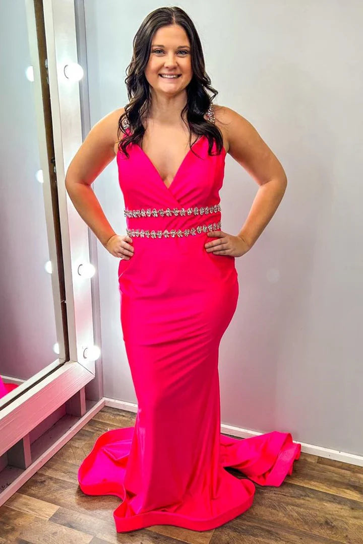 Surplice Open Back Beaded Mermaid Long Formal Dress