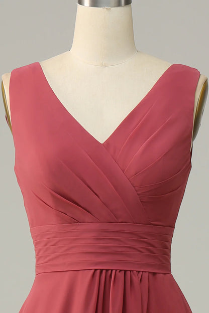 Sexy and elegant V-neck desert rose sleeveless chiffon long bridesmaid dress