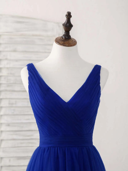 V Neck Royal Blue Tulle Long Prom Dress Blue Evening Dress