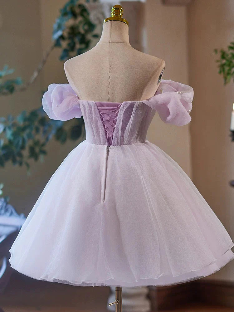 A-Line Sweetheart Neck Tulle Purple Short Prom Dress Purple Homecoming Dress