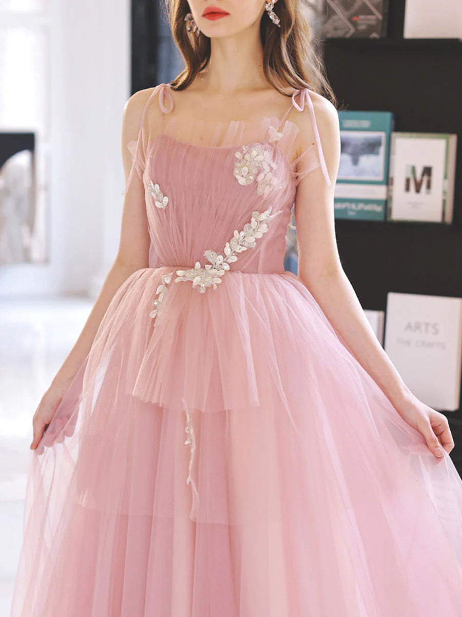Pink tulle long prom dress pink A line tulle lace prom dress