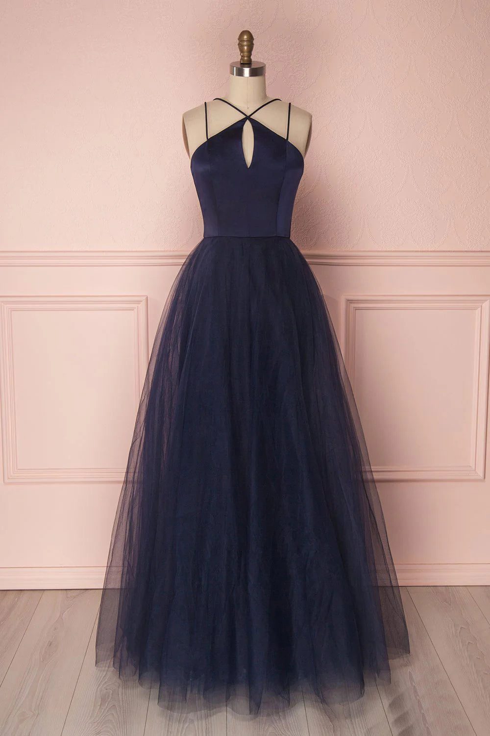 Simple dark blue tulle long prom dress blue tulle prom dress