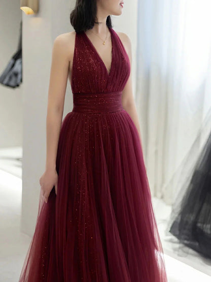 Burgundy Aline v neck tulle sequin long prom dress burgundy prom dress