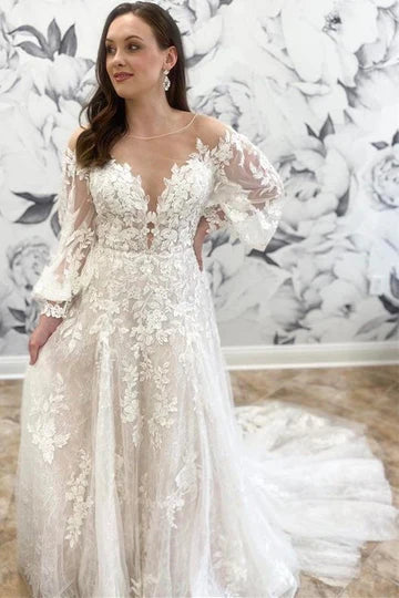 Appliques Round Neck Long Sleeve A-Line Wedding Dress