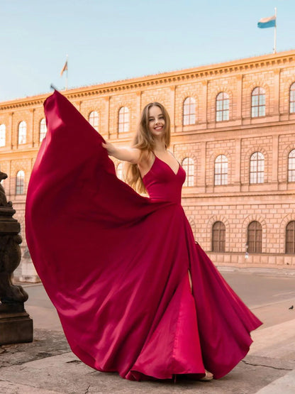Simple v neck satin dark red long prom dress red satin prom dress