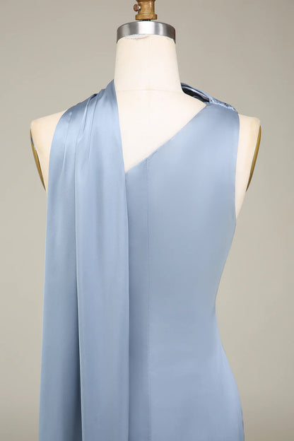 One-Shoulder Long Satin Dusty Blue Bridesmaid Dress