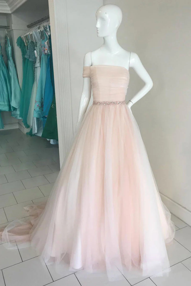 Simple champagne tulle long prom dress champagne prom dress