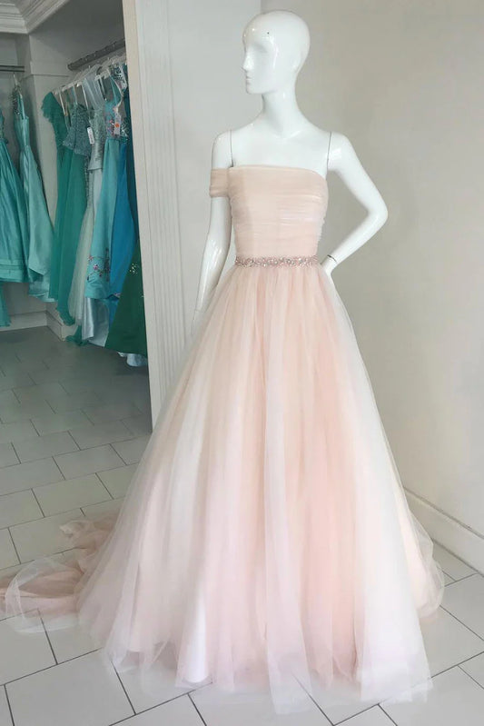 Simple champagne tulle long prom dress champagne prom dress