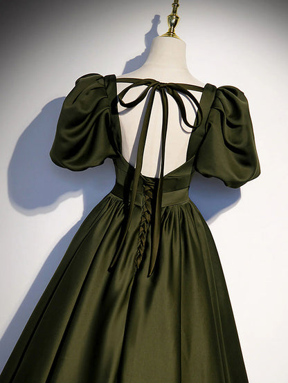Green Satin A Line Long Prom Dress Green Formal Evening Dress
