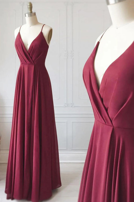 Simple V Neck Burgundy Long Prom Dress Burgundy Evening Dress