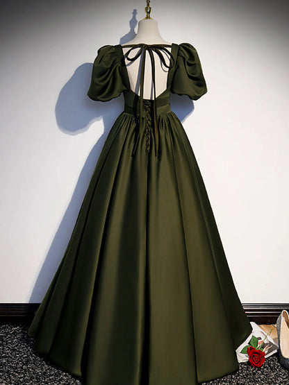 Green Satin A Line Long Prom Dress Green Formal Evening Dress