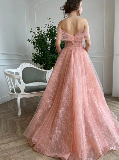 Elegant A-line Pink Tulle Off Shoulder Sweetheart 3D Flower Sleeveless Ball Evening Dress