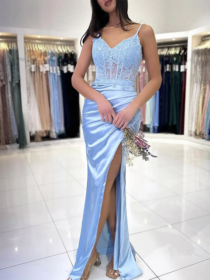 Blue V Neck Lace Satin Mermaid Long Evening Dress Blue Lace Long Formal Dress