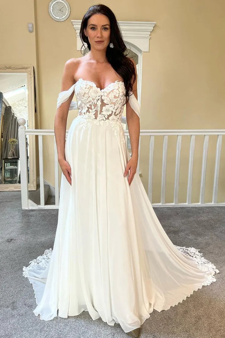 Chiffon Off-the-Shoulder Floral Lace A-Line Wedding Dress