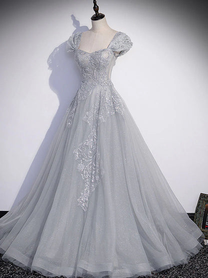 A-Line Gray Tulle Sequin Long Prom Dress Gray Formal Prom Dress