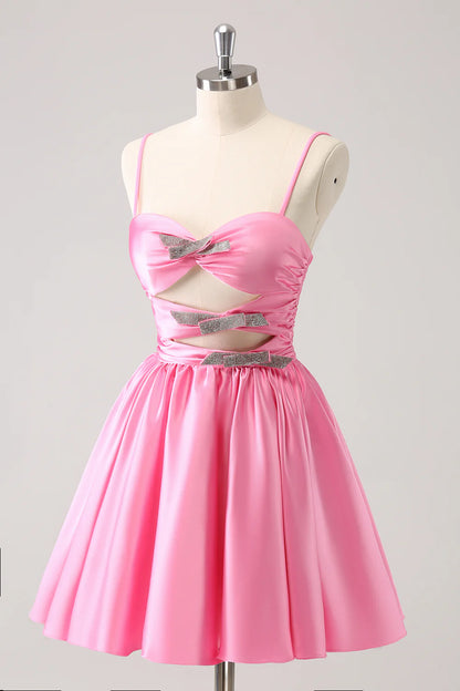 Pink A Line Spaghetti Straps Cut Out Homecoming Dress