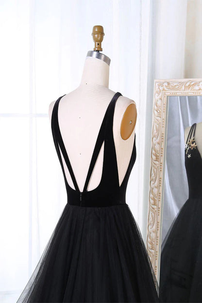 Simple black tulle v neck long prom dress black prom dress