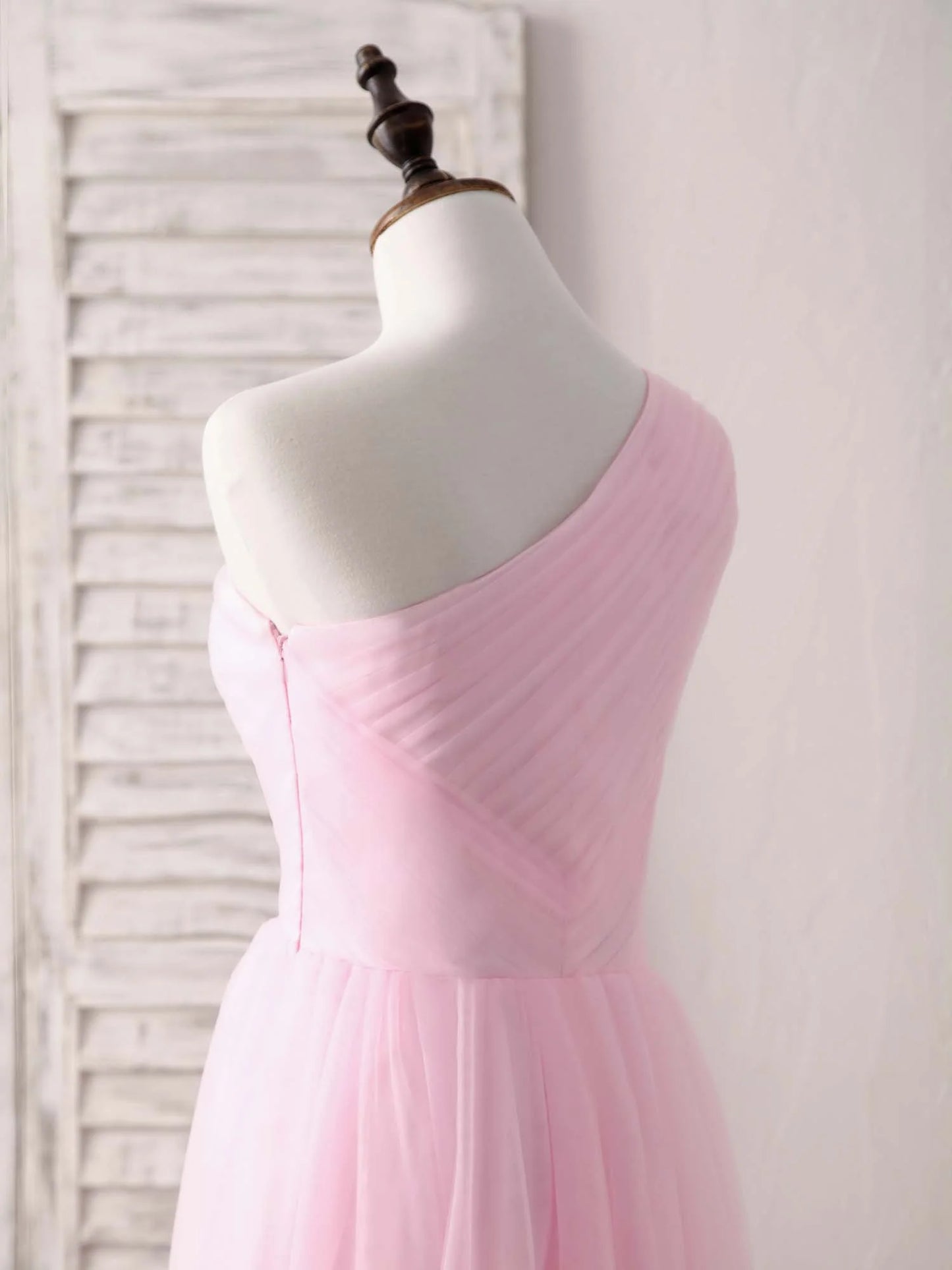 Tulle One Shoulder Long Prom Dress Pink Bridesmaid Dress