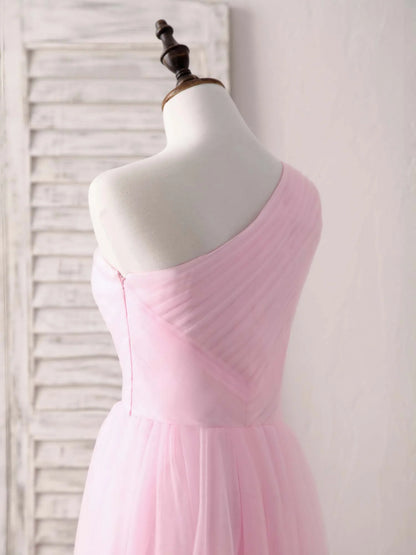 Tulle One Shoulder Long Prom Dress Pink Bridesmaid Dress