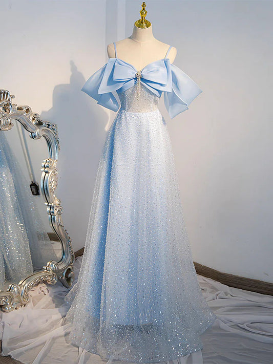 A-Line Tulle Sequin Blue Long Prom Dress Blue Long Formal Dress