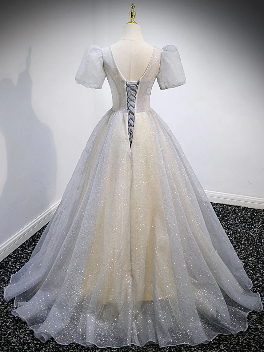Gray v neck tulle sequin long prom dress gray tulle formal prom dress