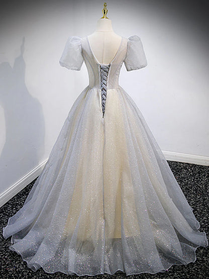 Gray v neck tulle sequin long prom dress gray tulle formal prom dress