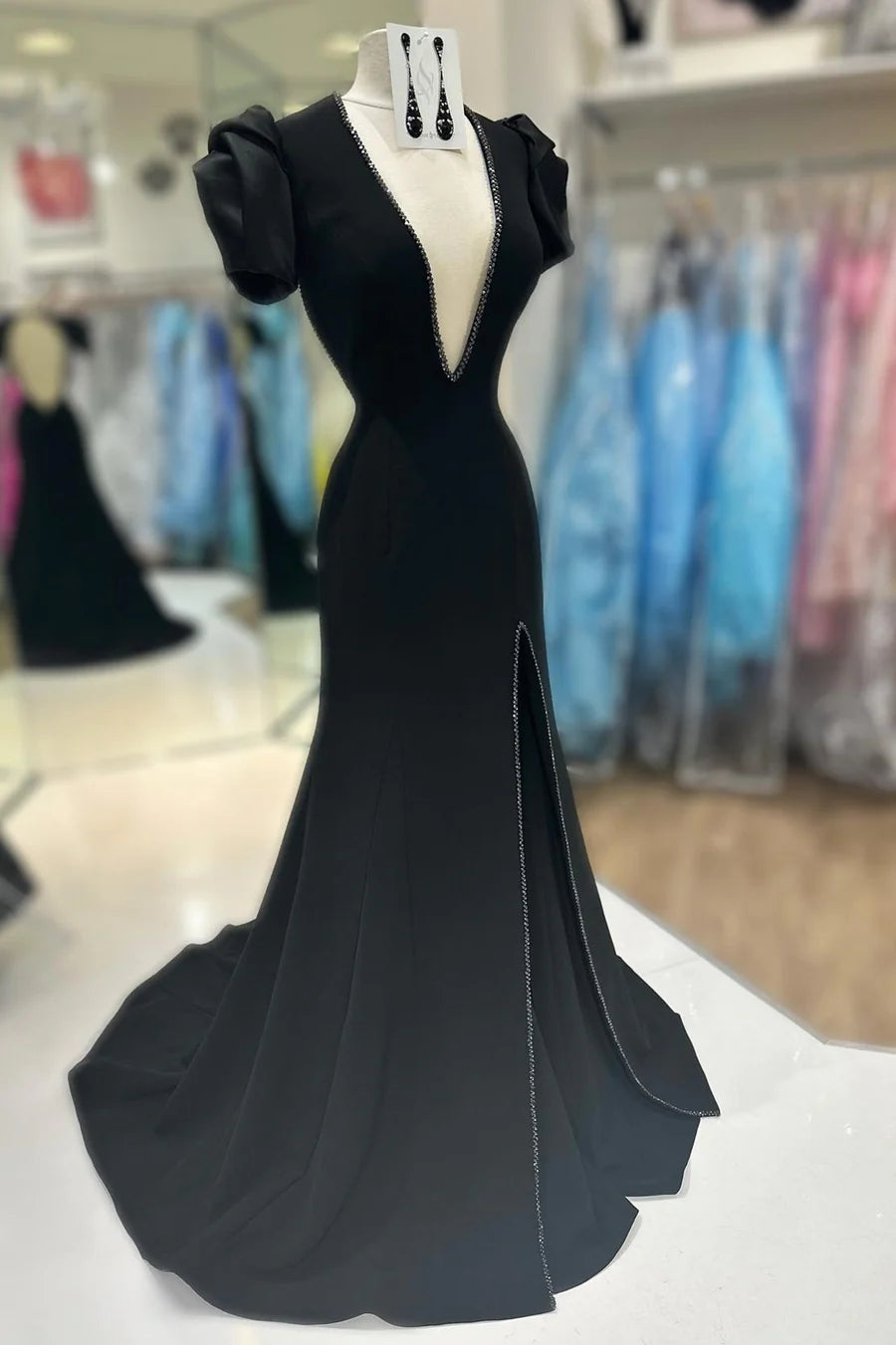 Beaded Plunge V Puff Sleeve Mermaid Long Prom Dress