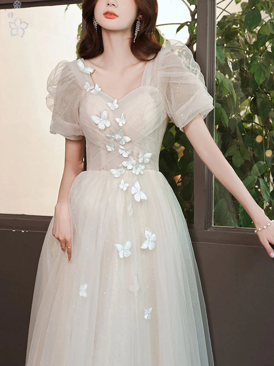 Light champagne tulle lace long prom dress lace prom dress