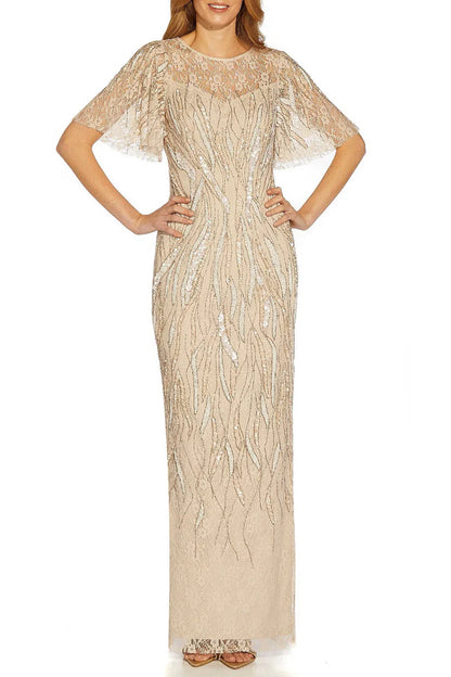 Adrianna Papell Illusion Crew Neck Flutter Sleeve Bodycon Zipper Back Embellished Mesh Gown