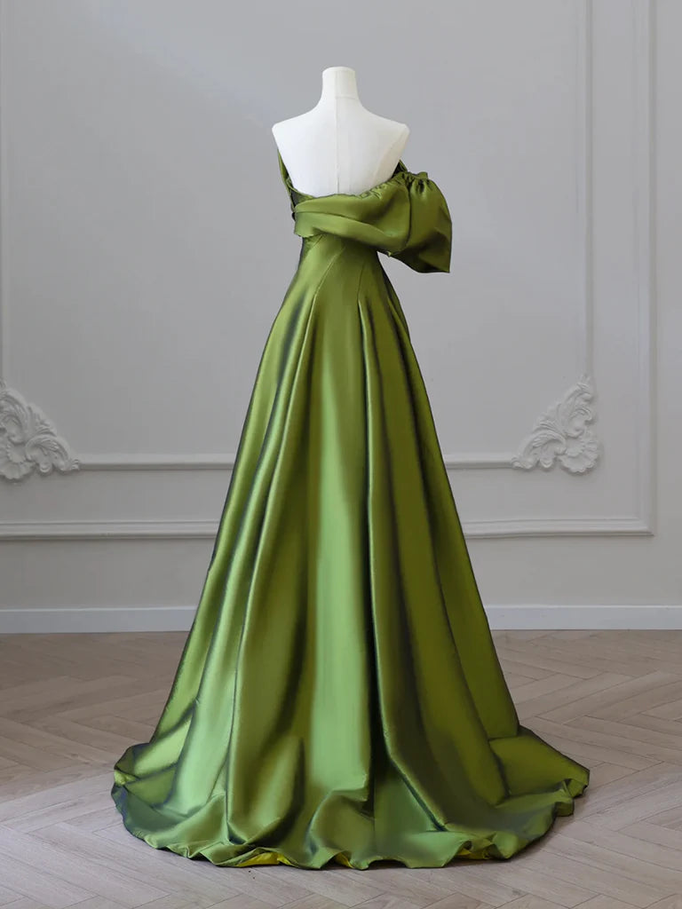 A-Line V Neck Satin Green Long Evening Dresses Green Long Formal Dress