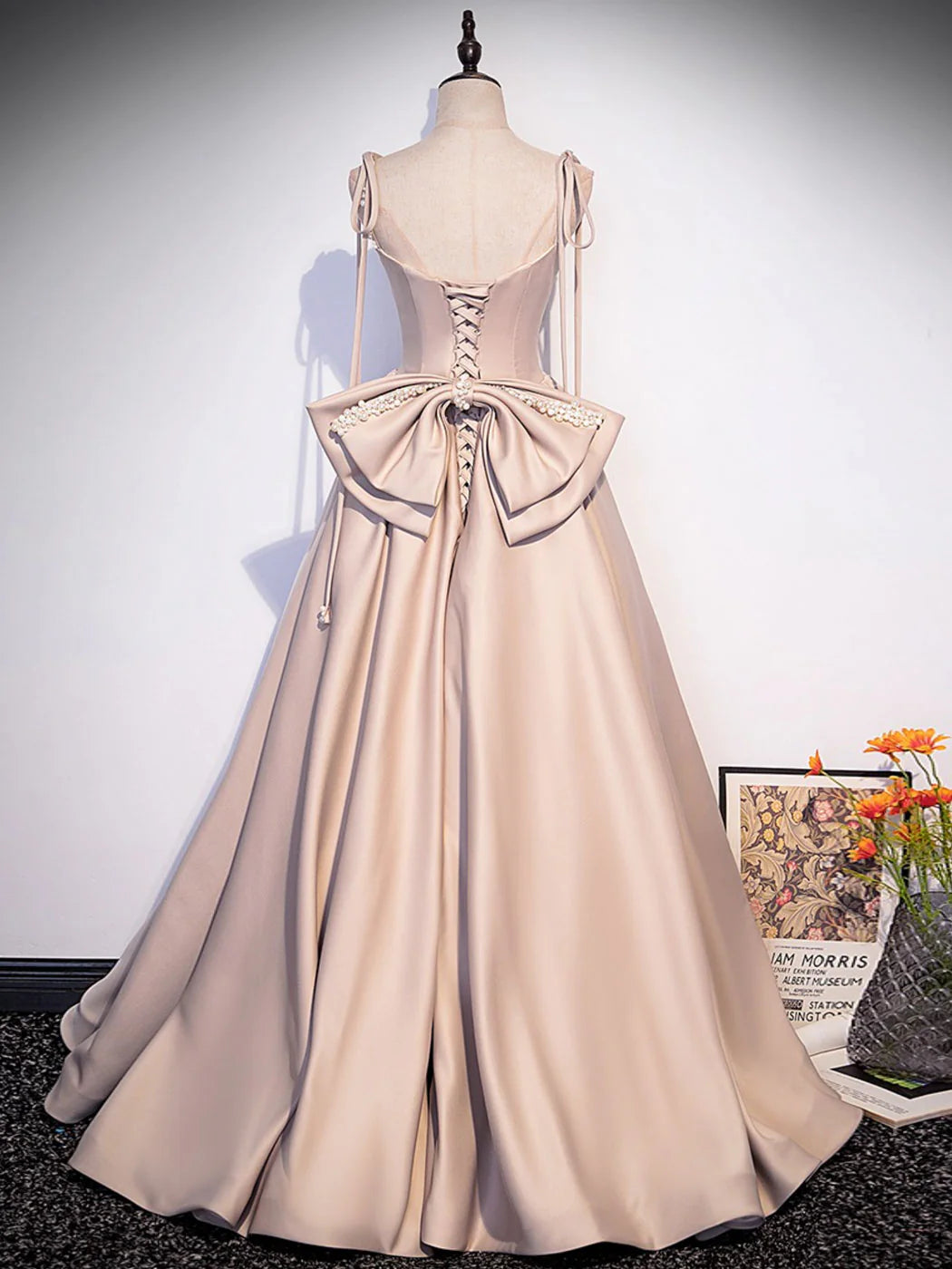 Champagne A-Line Satin Long Prom Dresses Champagne Formal Evening Dress